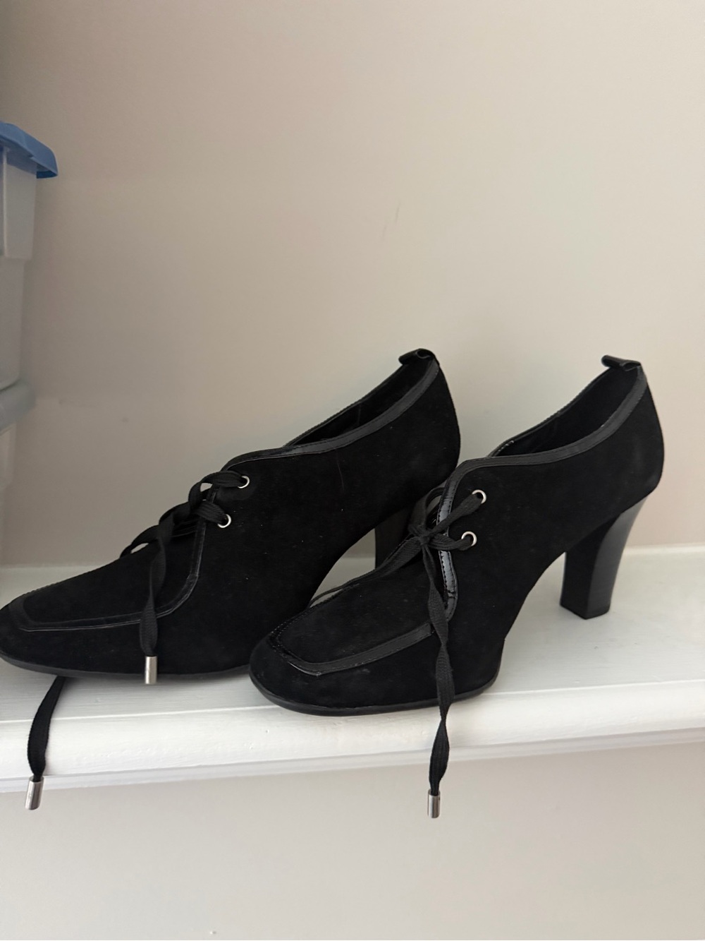 Anne Klein Black Suede Lace-Up Block Heel Booties